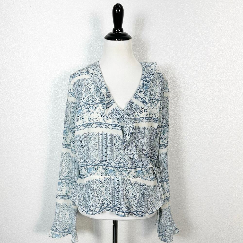 Emma James Womens Y2k 90s Long Sleeve Ruffle‎ Wrap Top Blouse Blue Print Boho 8